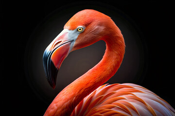 Portrait of a red flamingo on a black background