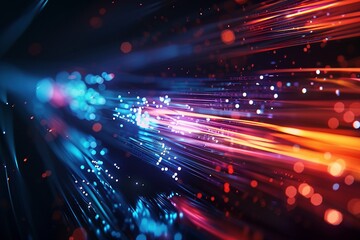 Fototapeta premium Shimmering strands of fiber optics, illuminated with a captivating radiance, symbolizing rapid data movement.