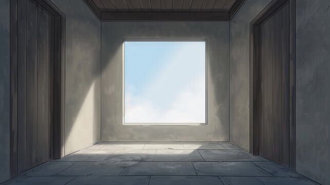   An empty room featuring a small window and a skylight at its center