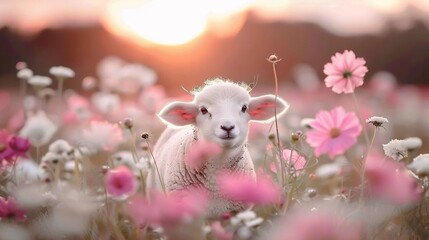   A sheep in a field of pink flowers against a golden sunset