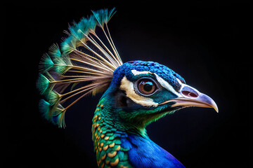 Portrait of a peacock on a black background, postcard, poster © Maryna