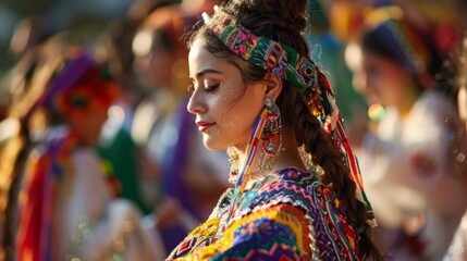 Fototapeta premium Colorful woman in traditional costume at cultural festival, with vibrant attire and stunning patterns.