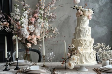 Wedding Cake Decorated With Roses On A Table, Classic Wedding Cake Decor, Gray Background, Marriage Celebration, Confectionery Advertise