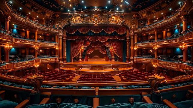 A high-resolution photograph of a luxury cruise ship's theater, featuring plush seating, a grand stage with velvet curtains, and elegant decor, capturing the sophistication and entertainment options o