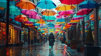 Fototapeta premium Colorful umbrellas hang above a wet street. A person walks under the rain. The bright umbrellas create a cheerful atmosphere.