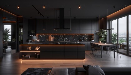 Modern Black Kitchen with City Views