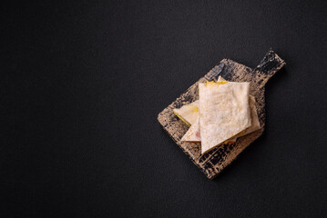 Delicious juicy roll or shawarma with chicken, tomatoes, salad and sauce