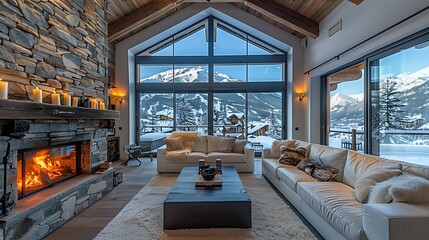 Fototapeta premium A lavish ski chalet living area, featuring a roaring fireplace, plush seating, and expansive windows with panoramic mountain views, capturing the essence of comfort and luxury in a cozy winter setting