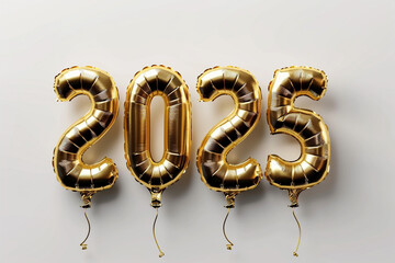 Happy New Year 2025 banner. Holiday season golden balloons on white background	