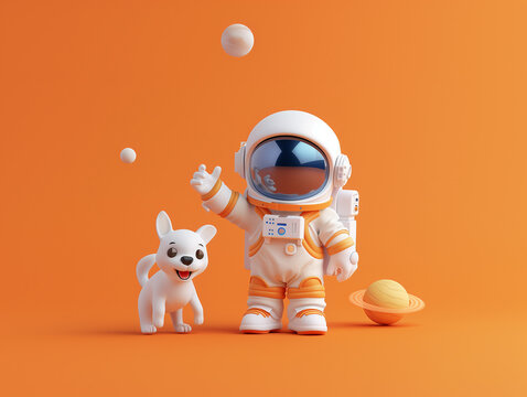 3d astronaut in white space suit with a dog isolated on orange background