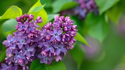 A close-up of a lilac bush in full bloom, its clusters of purple flowers creating a stunning display of color and fragrance, set against a backdrop of lush green leaves, capturing the timeless beauty