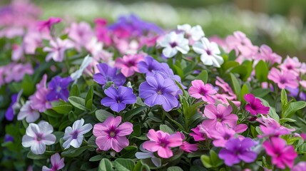 Fototapeta premium A charming garden bed filled with vinca flowers in shades of pink, purple, and white, their delicate blooms creating a lively and cheerful scene, set against a backdrop of green foliage and a clear