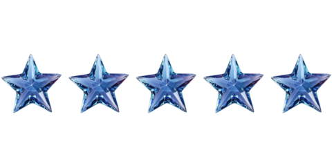 Five blue, shiny stars isolated in a transparent background. Product rating reviews for websites and mobile applications. Cut out or PNG.