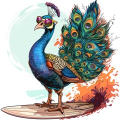 Fototapeta premium Peacock Surfer Style animal fashion cartoon isolated whitebackground 16:9