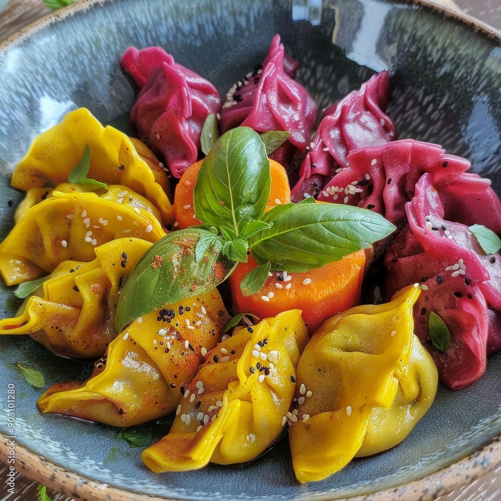 Canvas Prints Vibrant dumplings in a rustic ceramic bowl. Bright yellow and red dumplings garnished with fresh basil. Healthy and colorful dish showcasing creative culinary art. Food photography at its best. AI