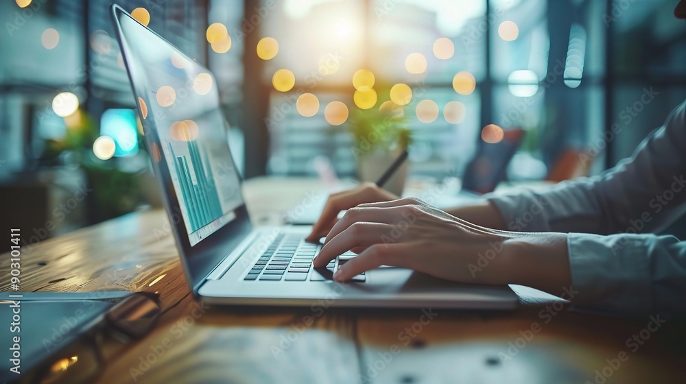 Poster laptop and data: a close-up shot of hands typing on a laptop, with a graph displayed on the screen, 