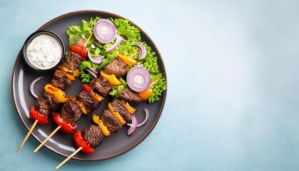 Grilled beef skewers with vegetable salad and garlic sauce on a plate, top view, copy space, generative AI