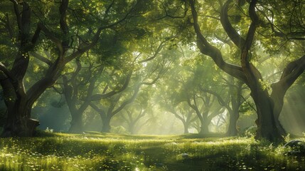 Fototapeta premium Peaceful grove of ancient trees with dappled sunlight filtering through the leaves, creating a serene and tranquil atmosphere