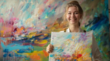 Joyful female painter holding a canvas, with a vibrant art studio background. Artistic journey concept
