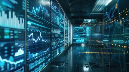 A data analysis center with rows of servers and analysts working on multiple screens, interpreting vast amounts of data visualized as dynamic graphs and charts, illustrating the importance of data