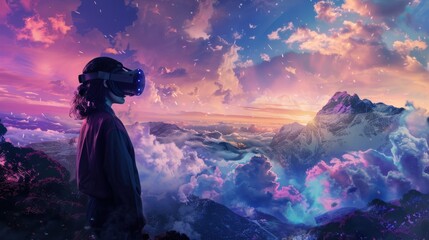 A virtual reality experience with a person wearing a VR headset, fully immersed in a digital environment filled with vibrant landscapes and interactive elements, illustrating the transformative power
