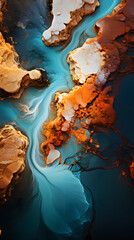 Fototapeta premium Abstract art with a swirling blue, white, and orange pattern that looks like an aerial view of a canyon or river.