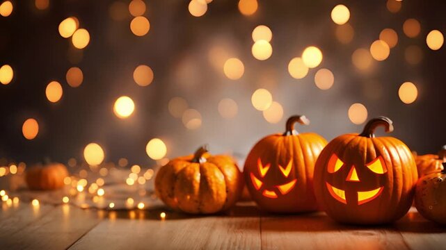Halloween pumpkins with bokeh and copy space. Festive dark background.