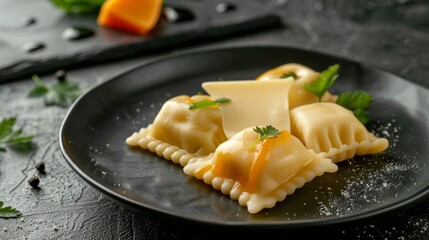 Delicious ravioli pasta served on a dark plate with cheese, herbs, and elegant garnish. Gourmet culinary style, perfect for food blogs or recipes. Captures fine dining essence. AI.