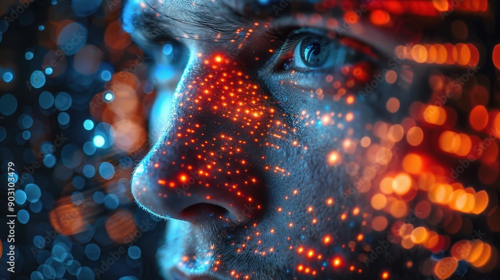 Poster the digital canvas: a close-up portrait of a man, his face illuminated by a mesmerizing display of d