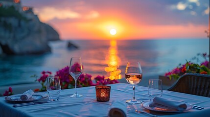 A picturesque gourmet dining setup, featuring an elegantly arranged table with gourmet dishes, fine wine, and a breathtaking scenic backdrop of a tranquil ocean view at sunset, creating a serene and o