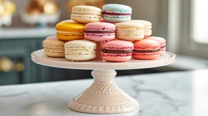 Fototapeta premium A variety of colorful macarons displayed on a chic cake stand, with each macaron showcasing different flavors and vibrant colors.