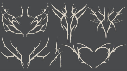 Obraz premium Set of Symmetrical Tribal Pattern Cyber ​​Gothic Elements in Abstract White black Print for t-shirt, hoodie and sweatshirt or card, poster