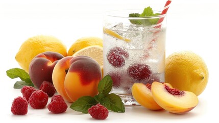  White background with glass of water containing ice, lemons, raspberries, and peaches