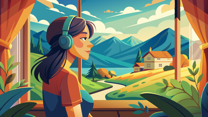 Young woman listening to music on headphones, gazing out a train window at a scenic countryside view during a sunny day.