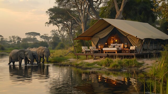 A picturesque photograph of a luxury safari camp, showcasing a plush tent with fine linens, an outdoor dining area with gourmet cuisine, and a close-up view of a herd of elephants, capturing the adven