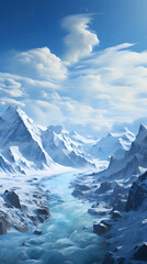 Obraz premium A picturesque view of a winding river flowing through a snowy mountain valley, with a bright blue sky and fluffy clouds above.