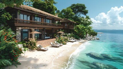 A picturesque photograph of an exclusive island retreat, showcasing a private beach with pristine sand, lush gardens with vibrant flowers, and luxurious accommodations with personalized services, crea