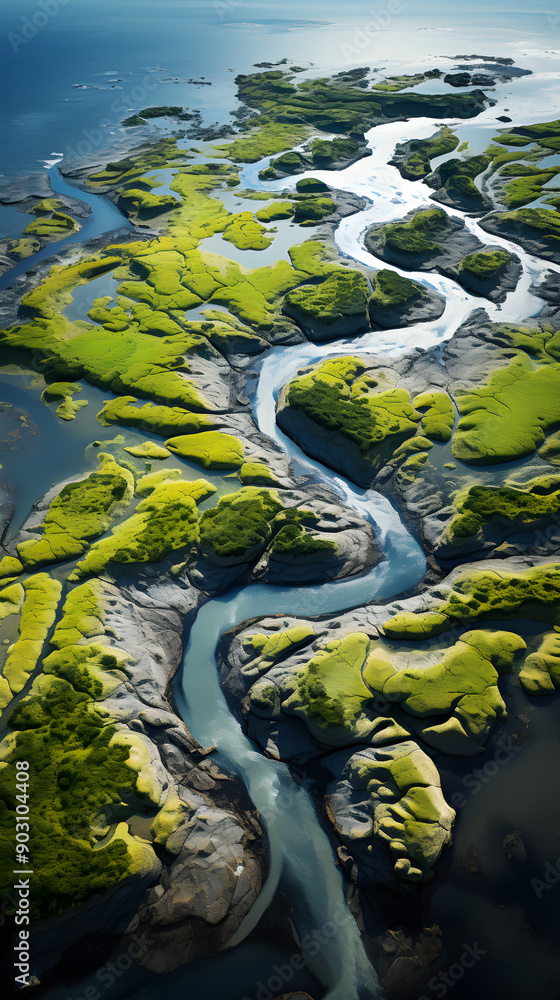 Poster aerial view of a winding river through a green and rocky landscape. the river splits and merges, cre
