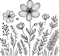 Spring flower art, vector illustration of a font view Spring flower, in hand-drawn botanical spring elements natural collection line art for coloring page, Realistic flower coloring pages
