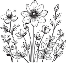 Spring of pansy flower illustration hand-drawn botanical leaf buds isolated on white, spring flower and ink art style, botanical garden element, spring flower coloring pages