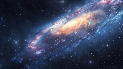 Obraz premium A space background featuring a breathtaking view of a distant galaxy with swirling clouds of cosmic dust, bright stars, and colorful nebulae, set against the dark expanse of the universe, capturing