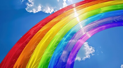 A lively rainbow background with vivid, overlapping arcs of red, orange, yellow, green, blue, indigo, and violet, set against a bright, clear sky with fluffy white clouds, creating a cheerful and