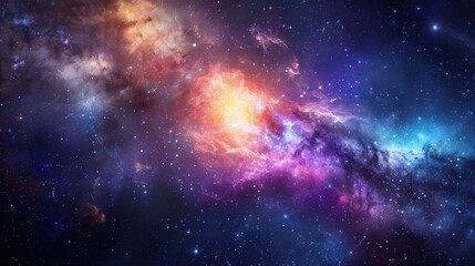 A space background featuring a breathtaking view of a distant galaxy with swirling clouds of cosmic dust, bright stars, and colorful nebulae, set against the dark expanse of the universe, capturing