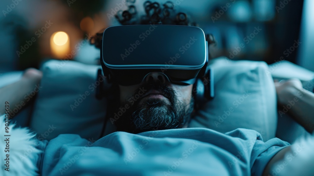 Poster a relaxed man lying on a couch wearing a vr headset, showing the immersive and relaxing potential of