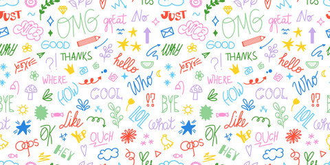 Chat words and doodles seamless pattern. Small hand drawn elements background. Slang words, lettering of modern short phrases. Vector illustration design