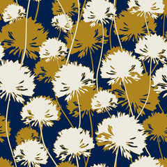 Dandelions seamless pattern. White and gold meadow wild flowers silhouettes on a dark background. Vector. Modern summer elegant floral design for textiles, interiors, fabric, wallpaper, wrapping paper