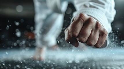 A close-up of a clenched fist in motion during intense martial arts training, representing power, dedication, and the spirit of physical and mental discipline.