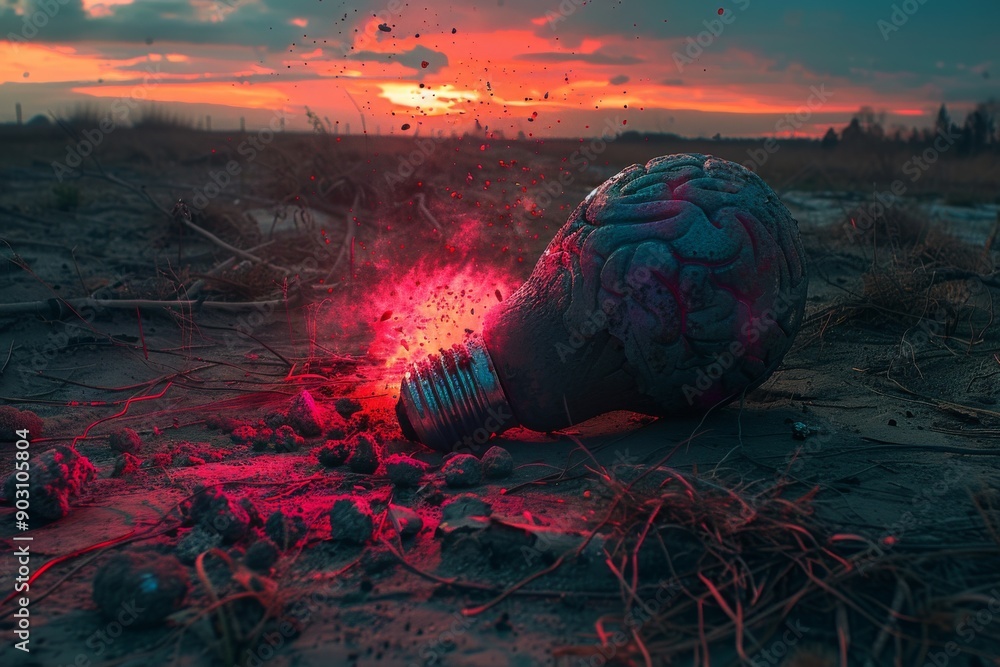 Poster brain light bulb in a sunset setting symbolizing innovative thinking and the merging of technology w