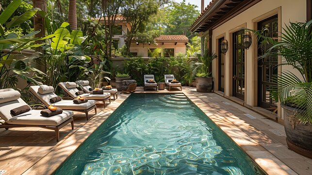 A serene photograph of a boutique hotel pool area, featuring stylish loungers, personalized touches such as fresh towels and fruit-infused water, and lush greenery surrounding the pool, capturing the 