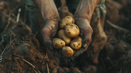 copy space, stockphoto, farmers hands hold a bunch of potatoes from the ground, national potato day, national farmer day. Poster for agriculture, agricultural activity. Fresh potatoes, local economy, 